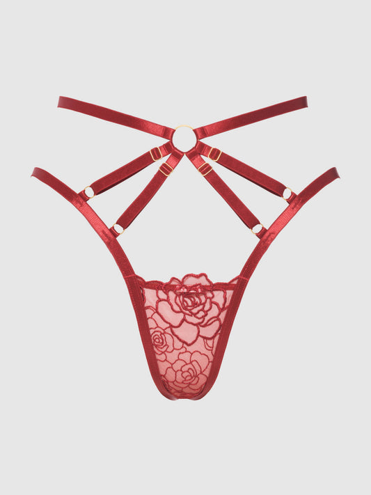 Rosalie embroidered Strappy Backless Tanga - Crimson Red