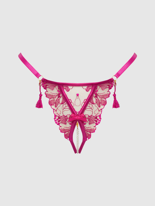 Nova Blacklight Lace Crotchless Pearl G-string - Hot Pink