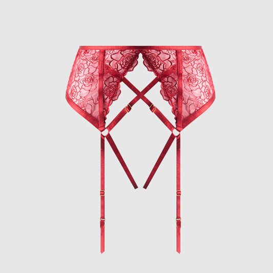 Rosalie embroidered Lace Garter Belt - Crimson Red