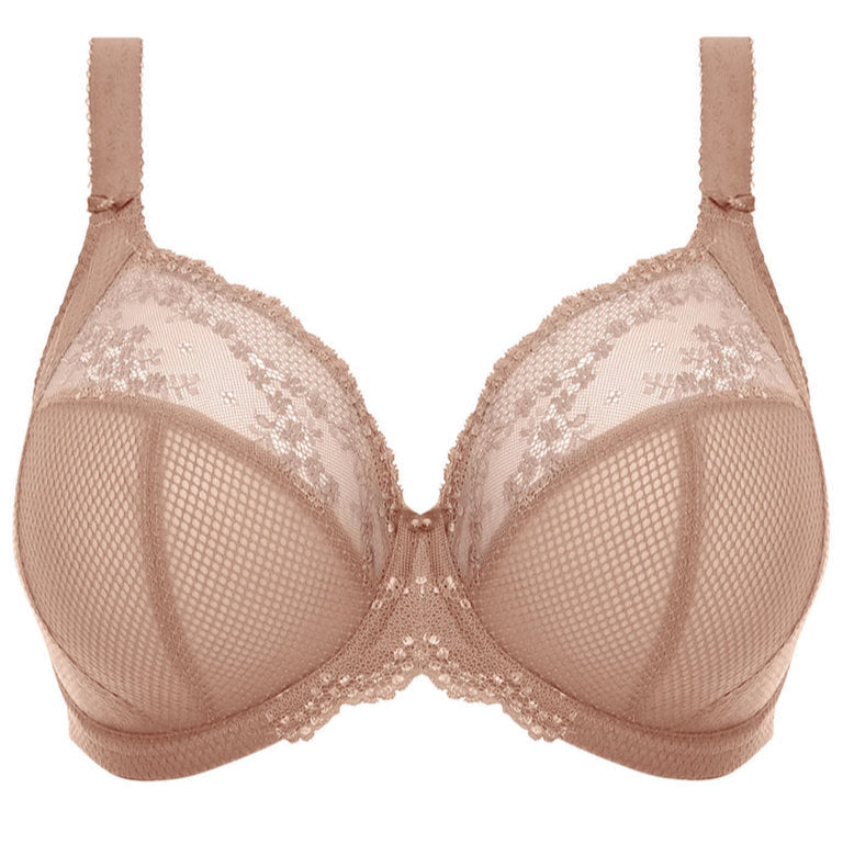 Nude-colored bra with lace detailing on a white background