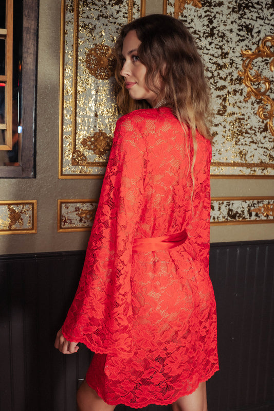 Short Robe - Lipstick Red Lace