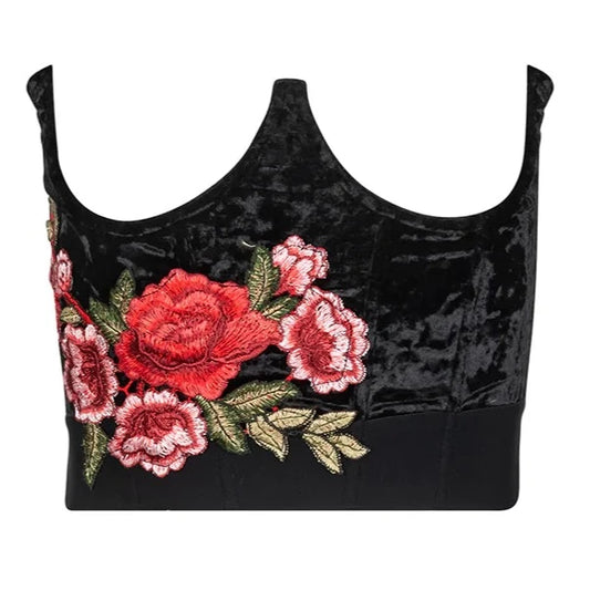 Velvet Embroidered Aplique Underbust Bustier - Black