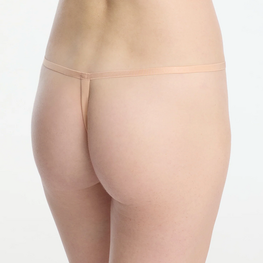 Beige sheer thong on a white background