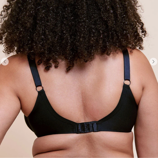 Back view of a person with curly dark hair wearing a black underwire bra with adjustable shoulder straps and a center buckle, against a plain beige background.