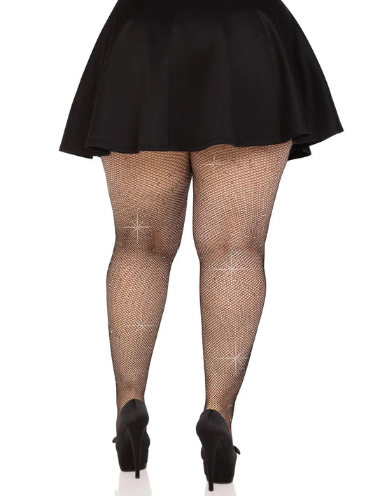 Rhinestone Fishnet Tights - Plus Size - Black