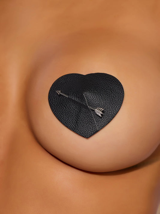 Leather-like Heart & Arrow Pierced Pasties - Black/Silver