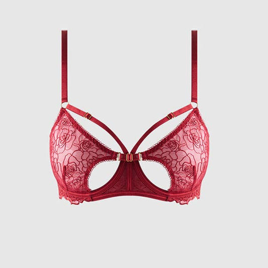 Rosalie embroidered Lace Open Cup Bra - Crimson Red