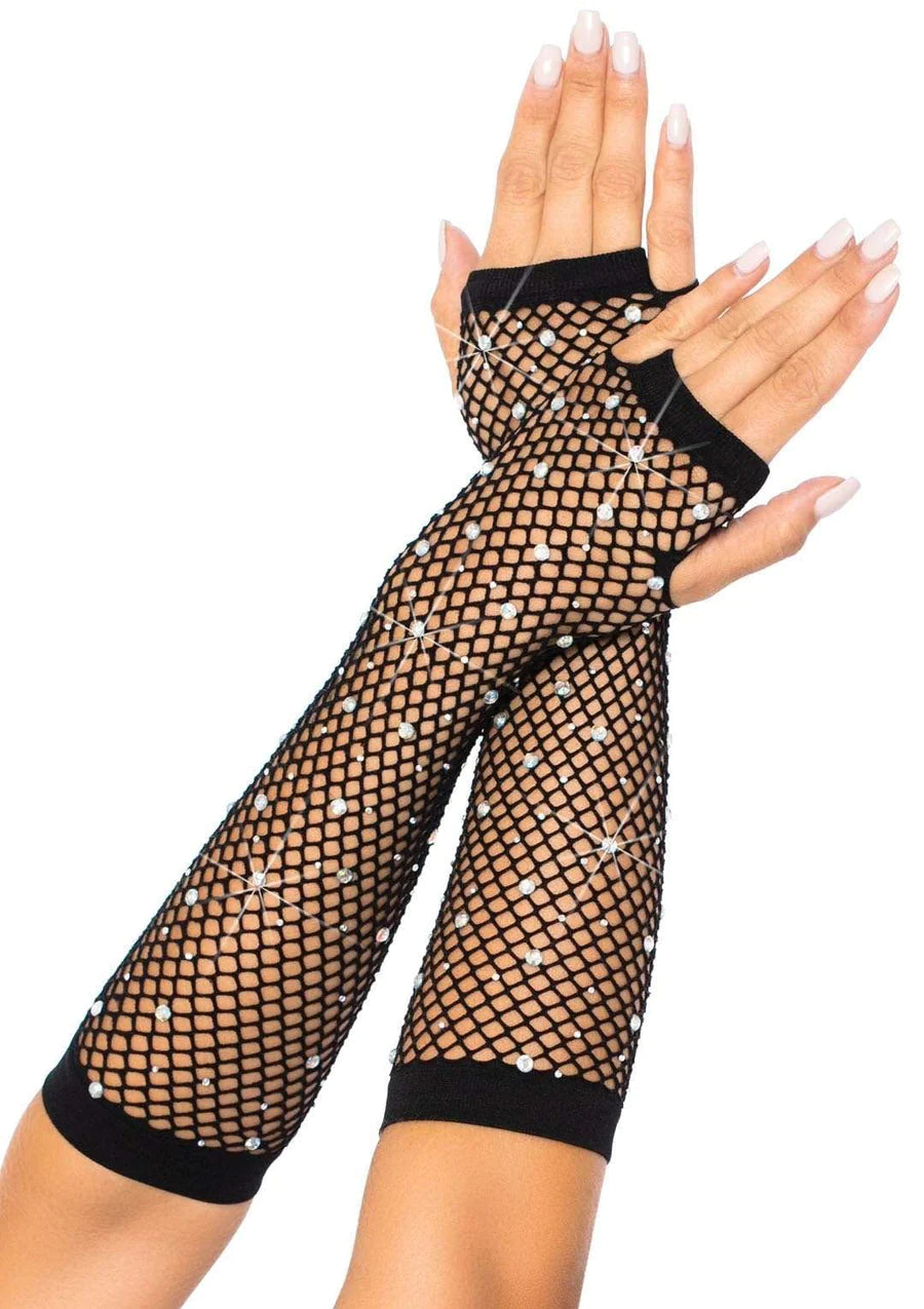 Rhinestone Fishnet Arm Warmers - Black