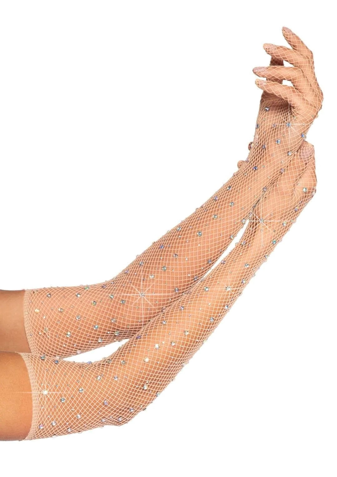 Rhinestone Fishnet Gloves - Tan
