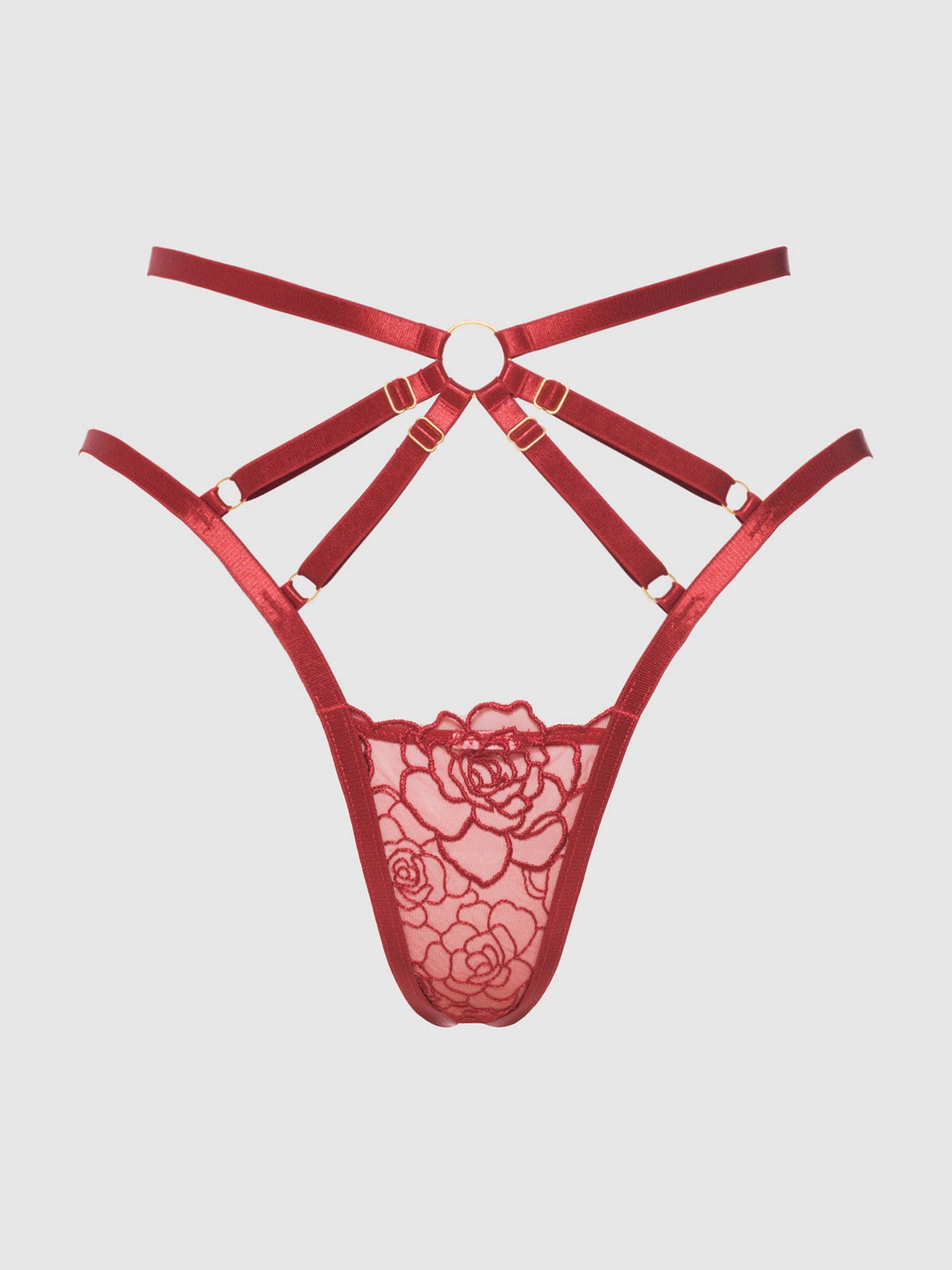 Rosalie embroidered Strappy Backless Tanga - Crimson Red
