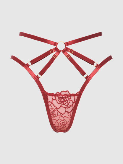 Rosalie embroidered Strappy Backless Tanga - Crimson Red