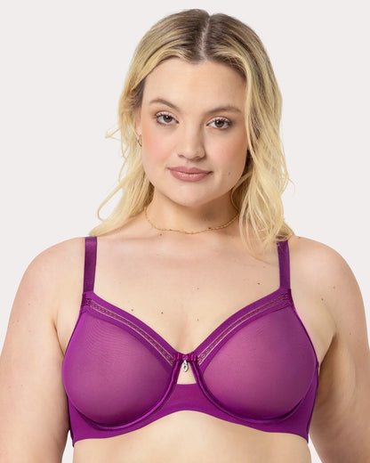 Sheer Mesh Full Coverage Unlined Underwire Bra - Berry Bliss Magenta/Purple