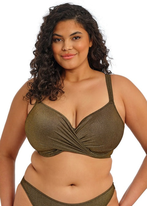 Sunset Shimmer Uw Plunge Bikini Top - Gold Rush Olive Green