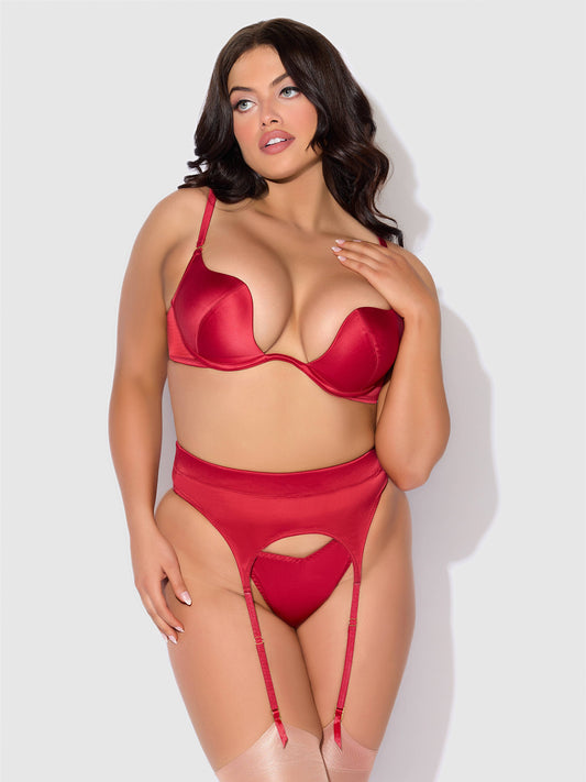 Brigeta Satin Deep Plunge Push Up Bra - Crimson Red