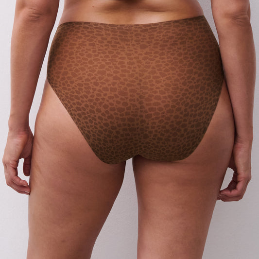 Brown patterned underwear worn by a person on a white background