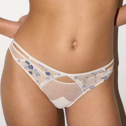 Carlotta Sand Panties - Off-White w/ Blue Floral Embroidery