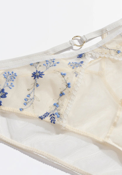 Carlotta Sand Panties - Off-White w/ Blue Floral Embroidery