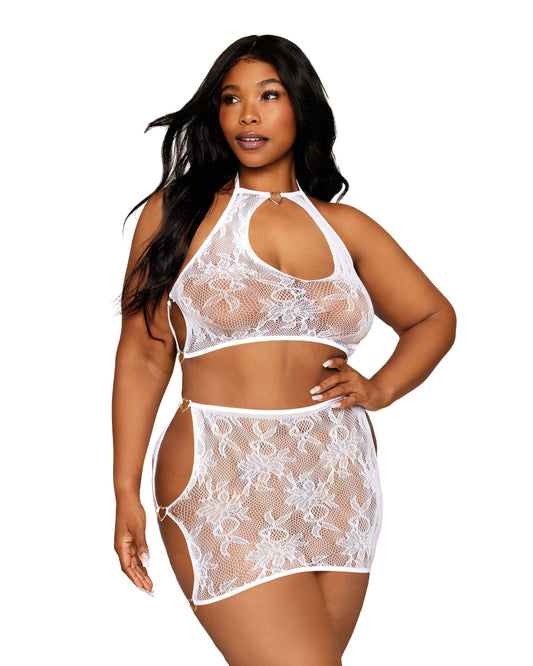 Plus Size Seamless Lace Bralette and Mini-Skirt Set with Gold-Heart Details - White