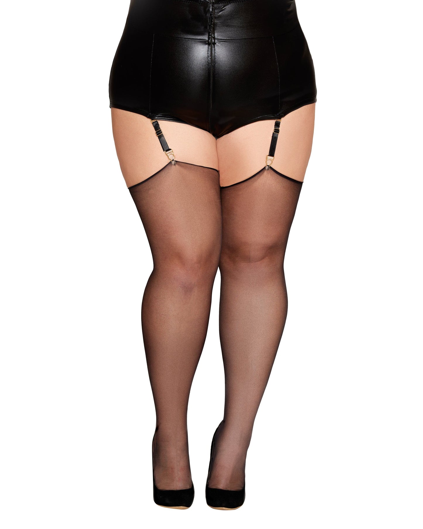Plus Size Silky Sheer Thigh Highs - Black with Reversable Backseam