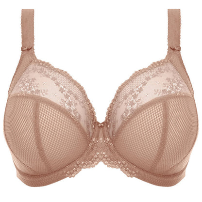 Nude-colored bra with lace detailing on a white background