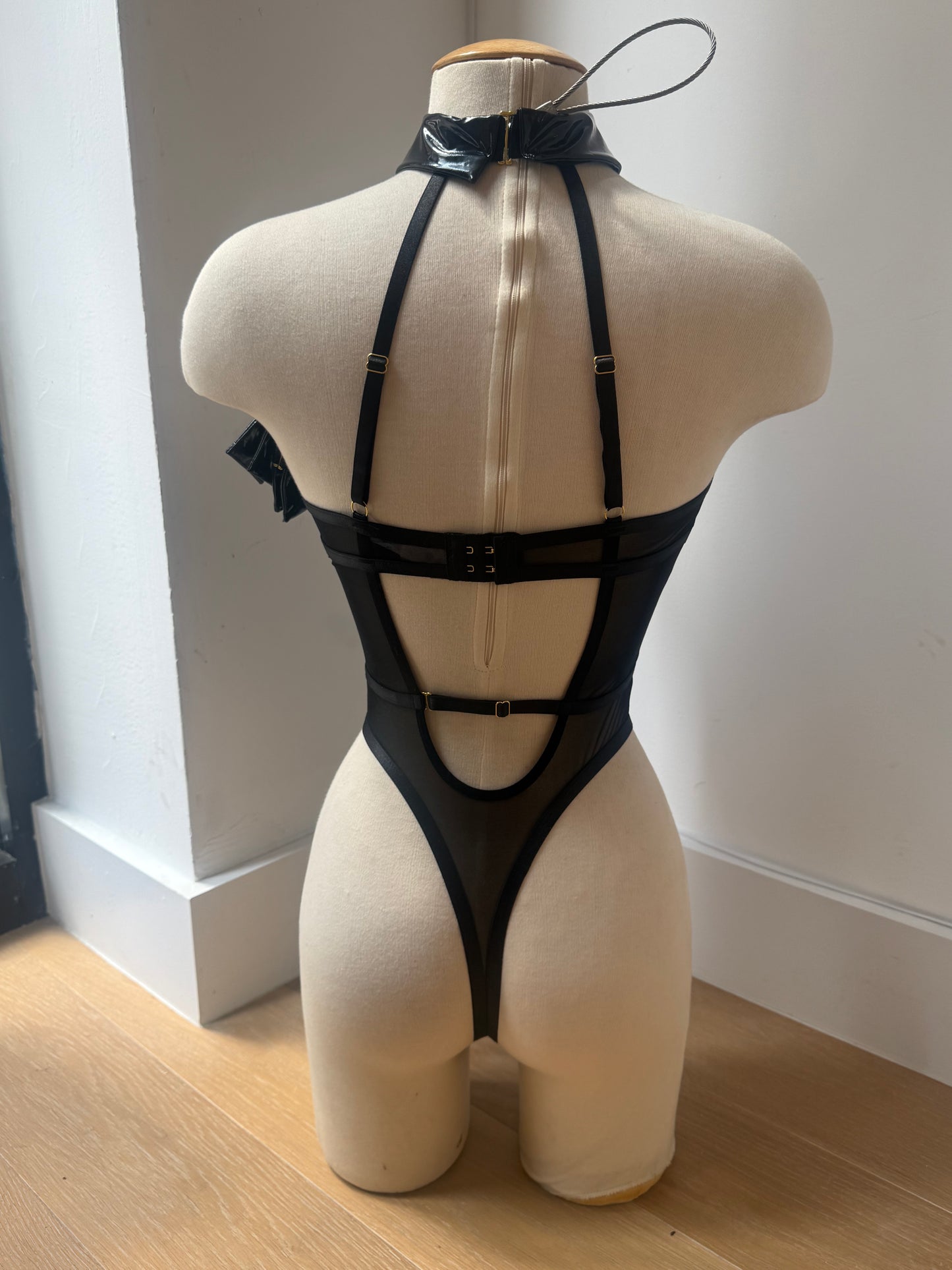 Vinyl Mesh Collared Teddy with Barbell Hardware and Matching Cufflinks