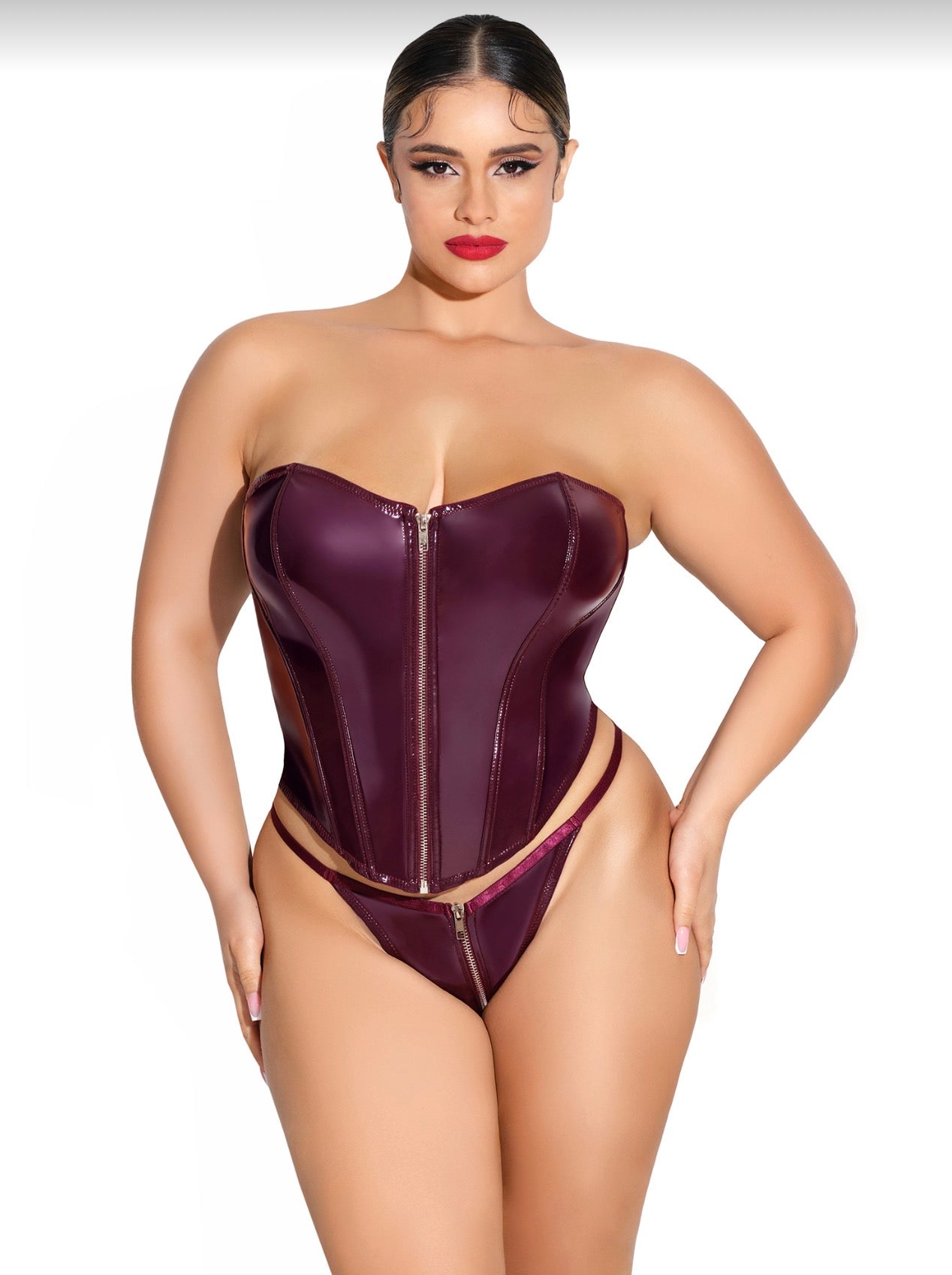 Rider Vinyl Bustier with Front Zipper and Panty - Zinfandel