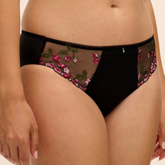 Black mesh and satin briefs with pink and green floral embroidery on the side panels, shown on a model.