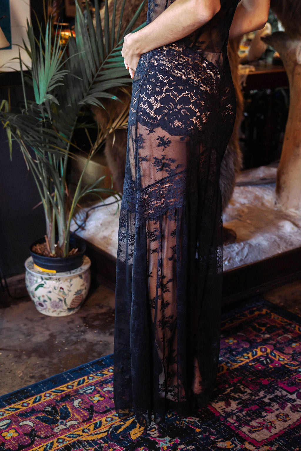 Mixed Lace Maxi Slip - Black