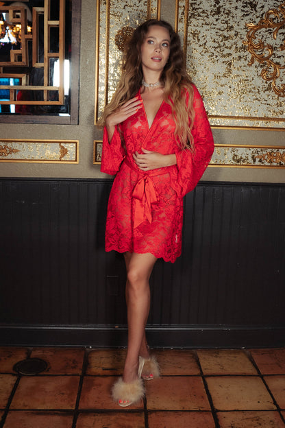 Short Robe - Lipstick Red Lace