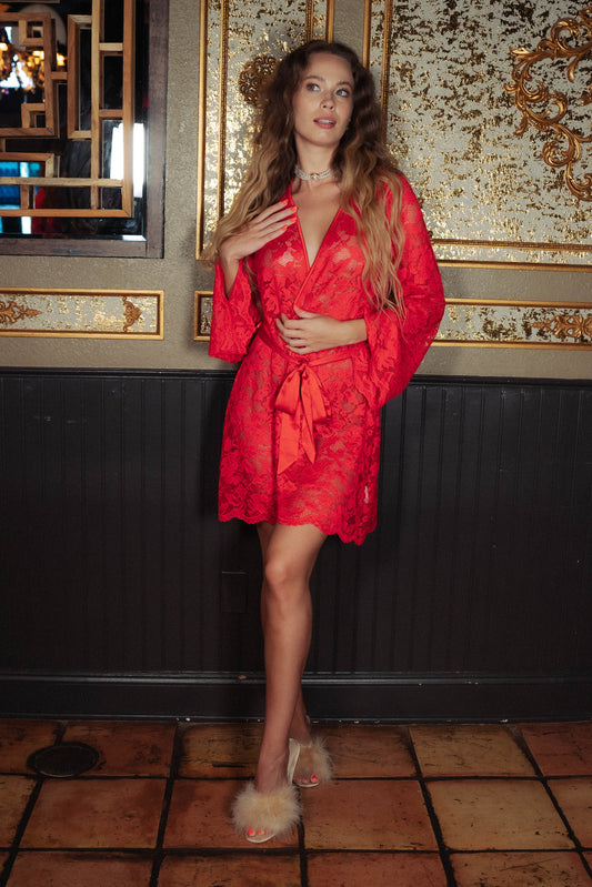 Short Robe - Lipstick Red Lace