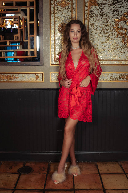 Short Robe - Lipstick Red Lace