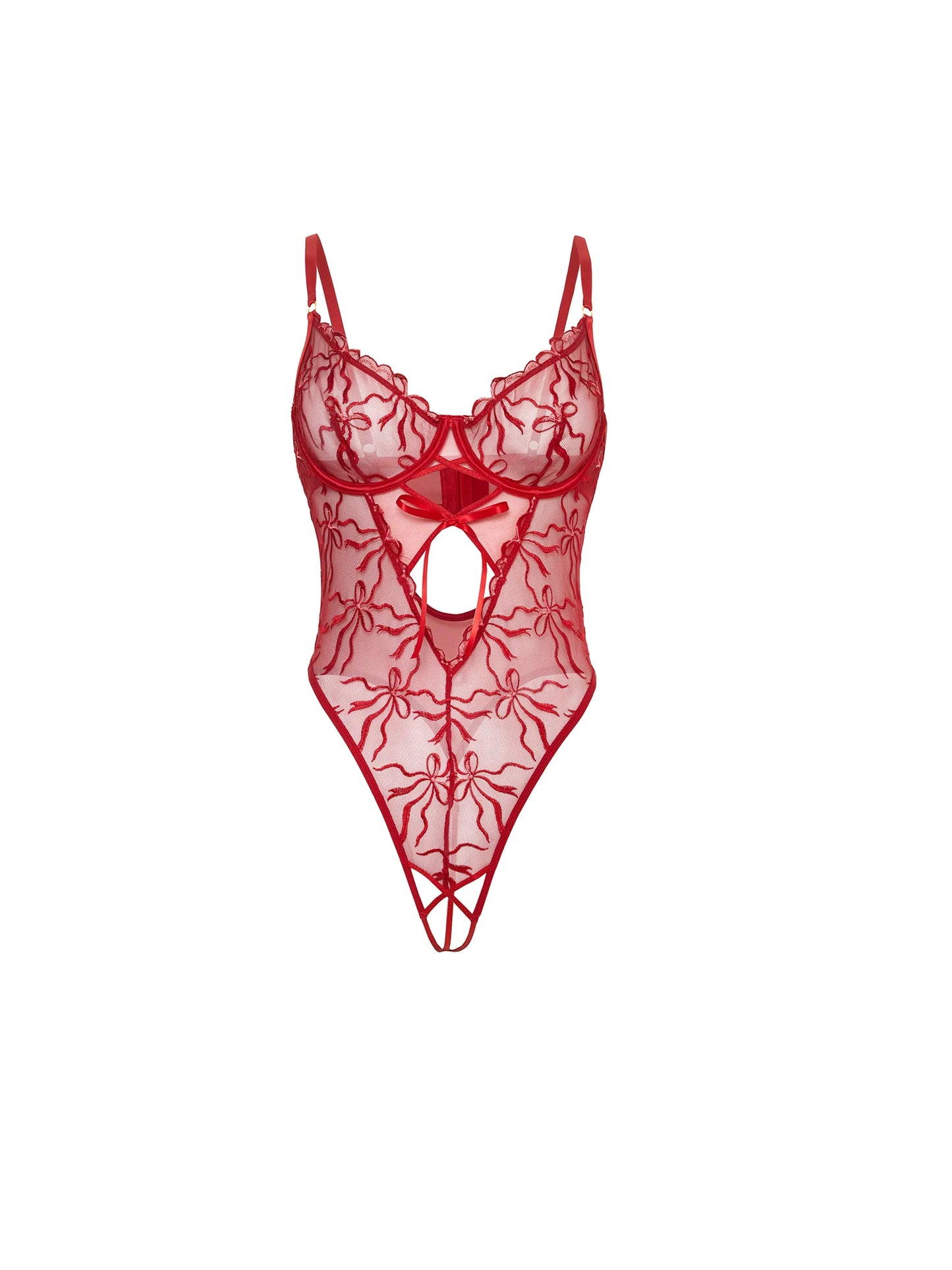 Mariah Sheer Embroidered Teddy - Cherry Red