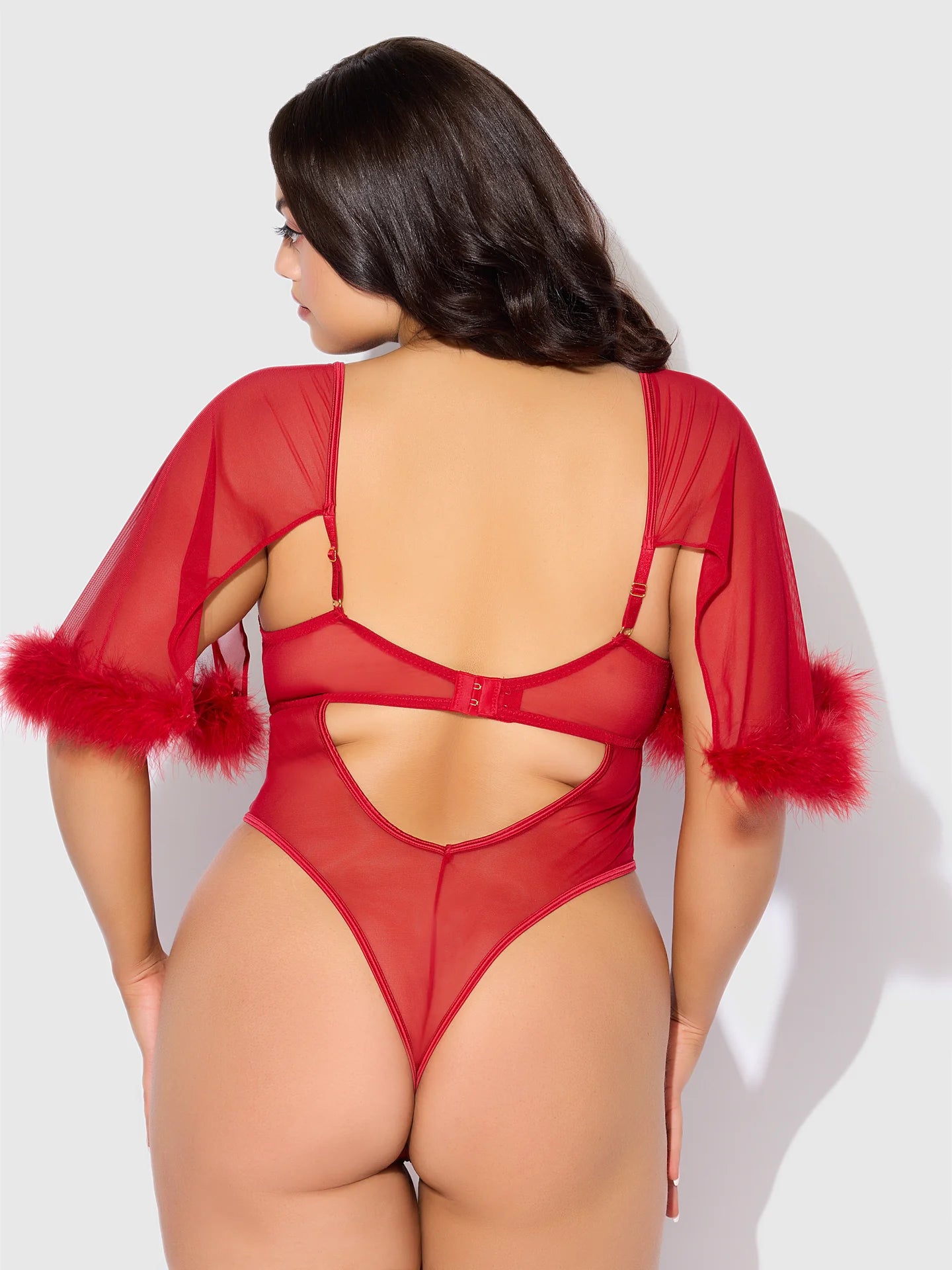 Marilyn Feather & Mesh Bell-Sleeved Bodysuit - Red