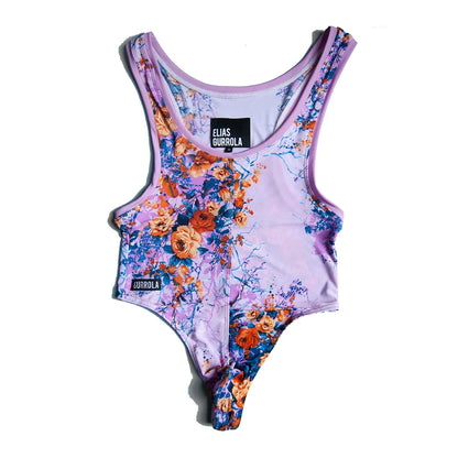 High-Cut Mesh Thong Bodysuit - Lavender/Orange Bloom