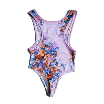 High-Cut Mesh Thong Bodysuit - Lavender/Orange Bloom