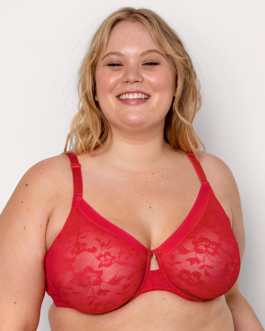 No-Show Lace Unlined Underwire Bra - Diva Red