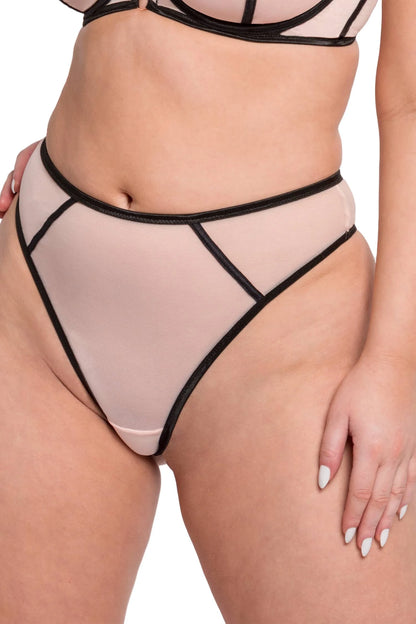 Exposed High Waist Thong - Beige/Black