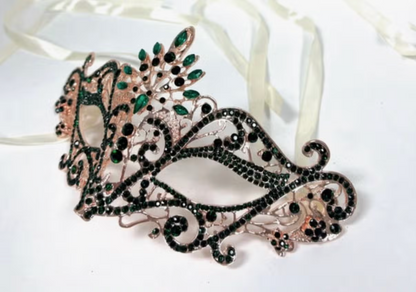 Rhinestone Masquerade Eye Mask - Green Gemstone