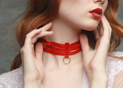 Choker Bondage Necklace - Red w/ Gold Hardware