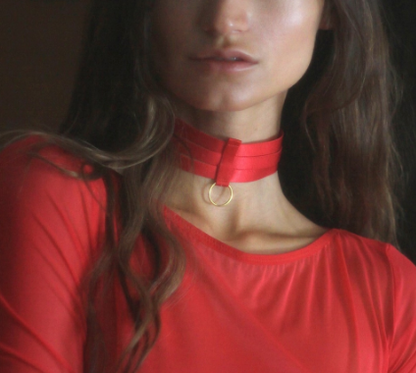 Choker Bondage Necklace - Red w/ Gold Hardware