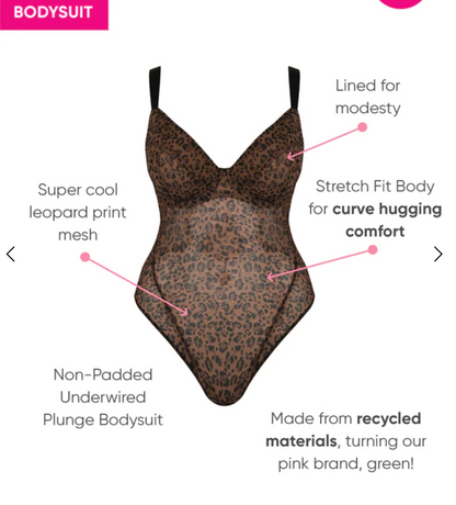 Cool Cat Plunge Underwire Bodysuit - Leopard Brown - 30GG