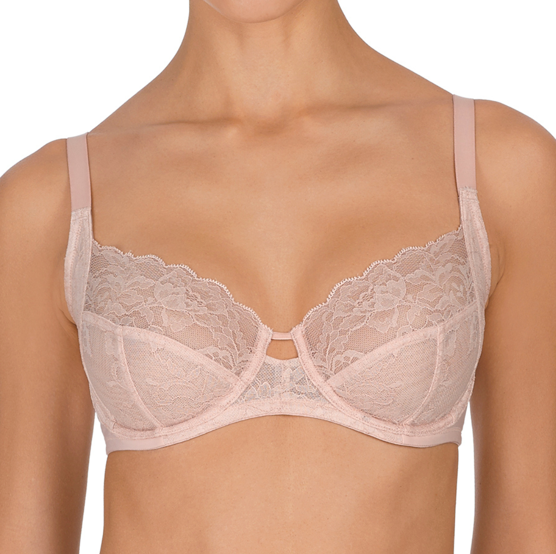 Beige lace bra on a white background