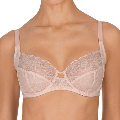 Beige lace bra on a white background