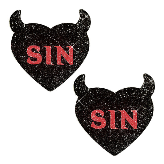 Sin City Black Devil Glitter Heart Nipple Cover Pasties