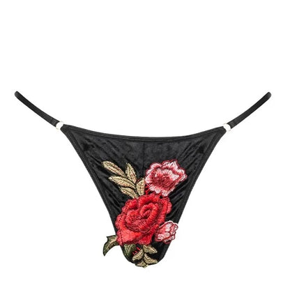 Velvet Floral Embroidered G-String - Black