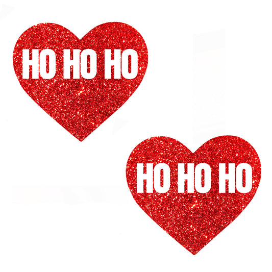HO HO HO - Red Glitter Heart Nipple Cover Pasties - Blacklight Reactive
