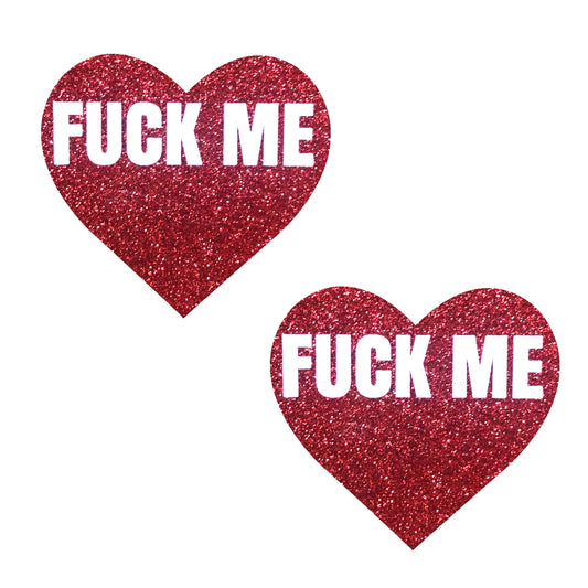 Fuck Me - Red Glitter Heart Nipple Cover Pasties - Blacklight Reactive