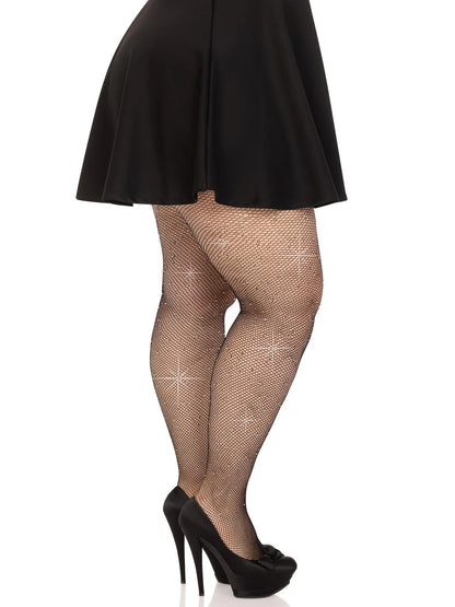 Rhinestone Fishnet Tights - Plus Size - Black