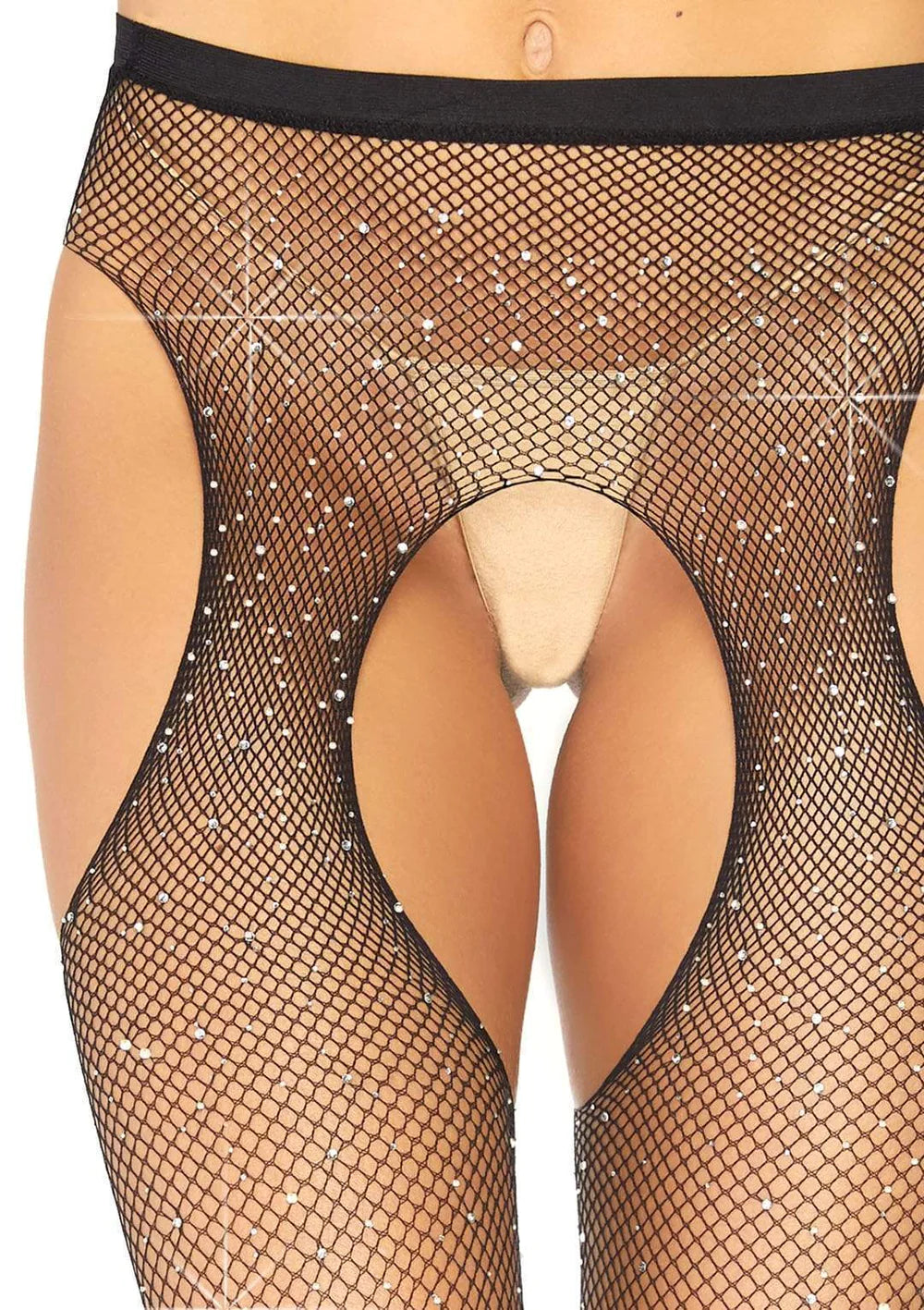 Rhinestone Fishnet Suspender Pantyhose - One Size