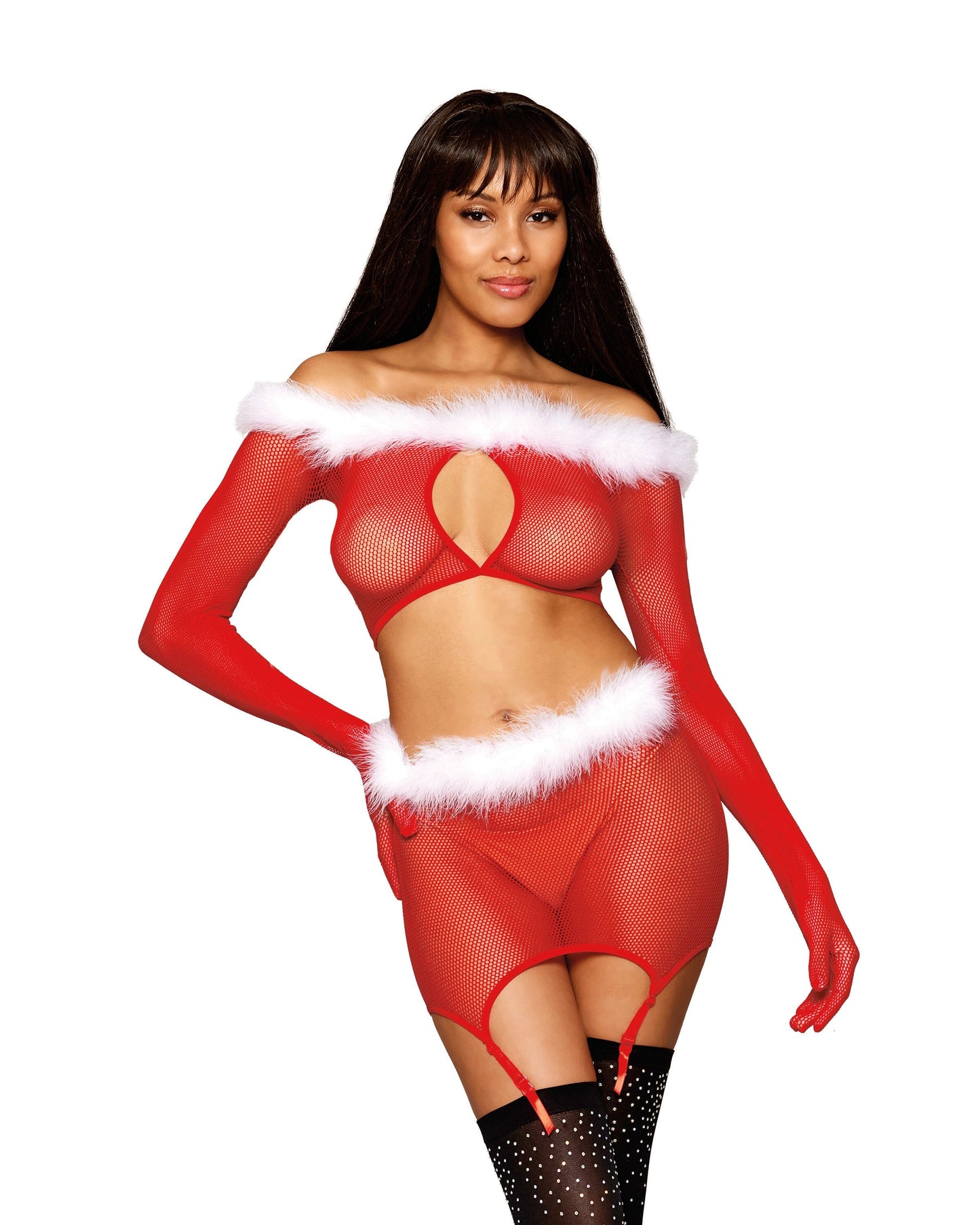 Seamless Fishnet and Feather Trim Santa Lingerie Costume Set (One Size)